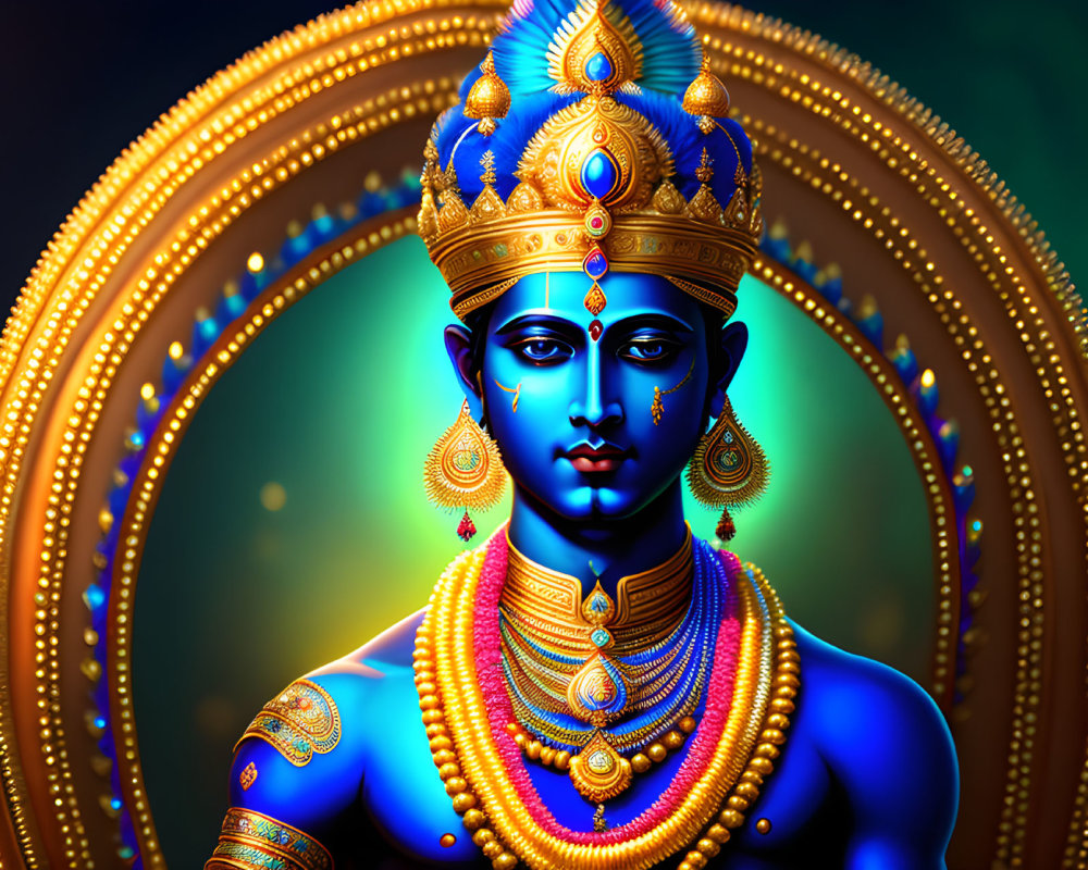 Blue-skinned deity with golden ornaments and elaborate headgear in glowing halos