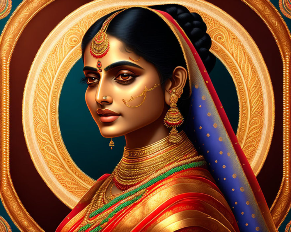 Traditional Indian Woman in Gold Jewelry and Saree