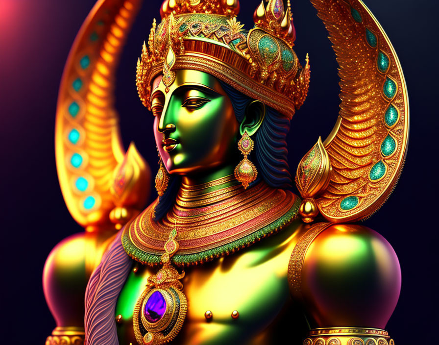 Colorful digital artwork of a multi-armed deity with halo, against dark backdrop