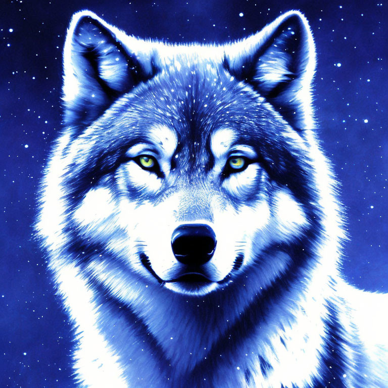 Blue-toned wolf with yellow eyes in starry night sky.