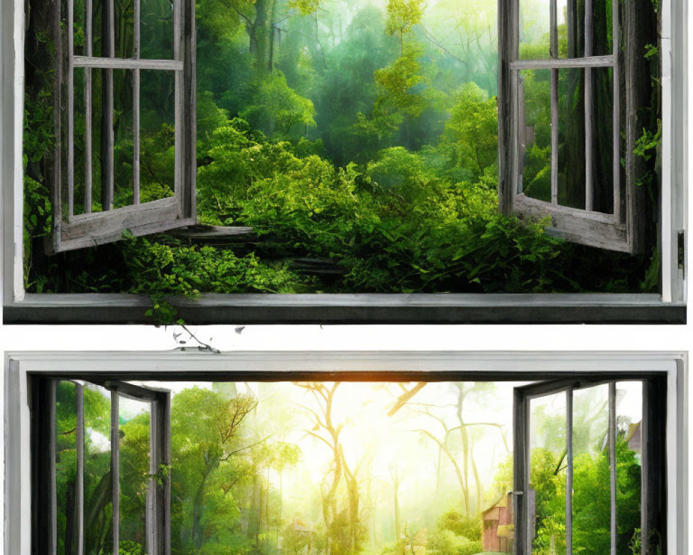 Contrasting forest views through open window