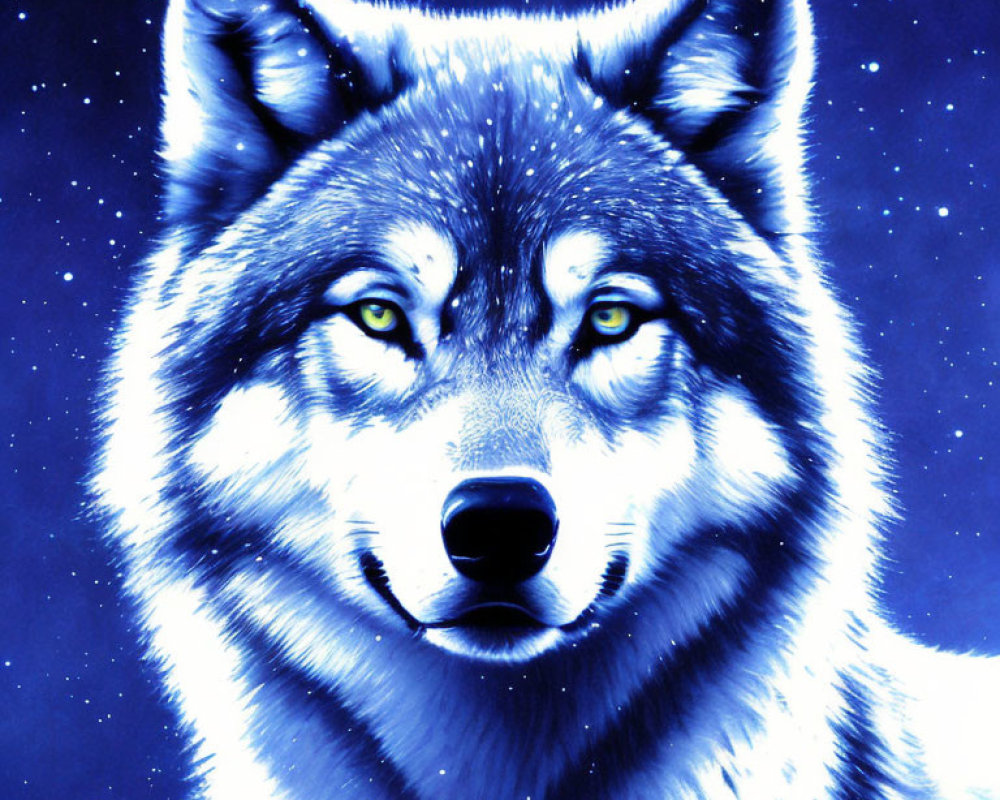 Blue-toned wolf with yellow eyes in starry night sky.