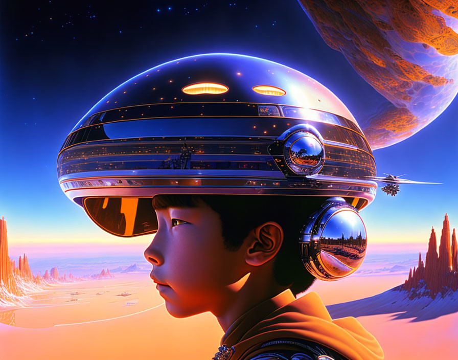 Child in futuristic space helmet with sci-fi landscape.