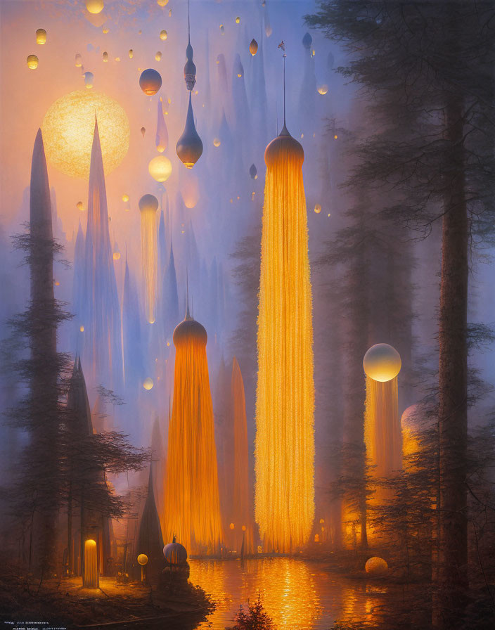 Ethereal forest scene: towering trees, glowing orbs, tranquil water