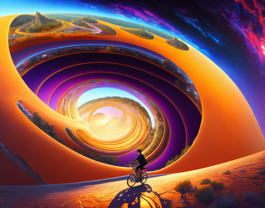 Cyclist on surreal colorful landscape with cosmic vortex