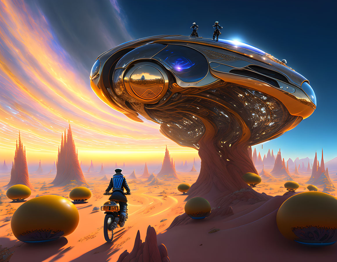 Man on Hoverbike Approaches Organic Structure in Alien Landscape