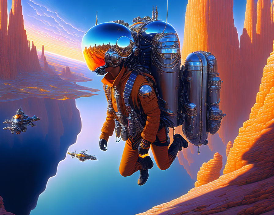 Astronaut with large jetpack in surreal alien landscape