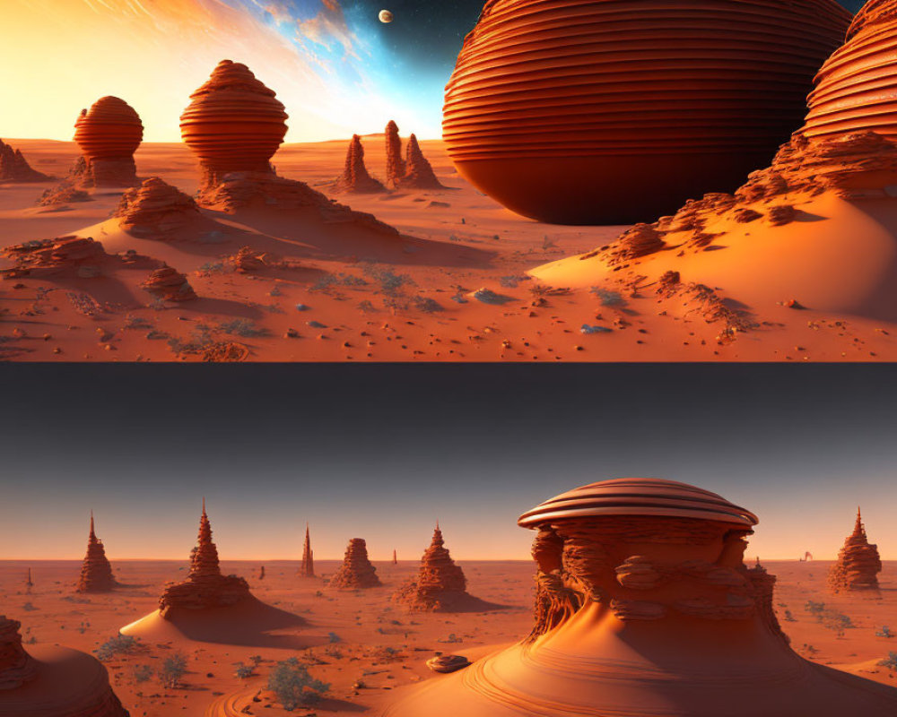 Striped rock formations in surreal desert under red sky with two moons.