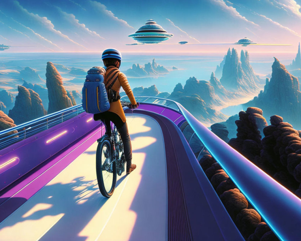 Person on Bicycle Pausing on Futuristic Purple Bridge Amidst Rock Formations and Flying Saucers