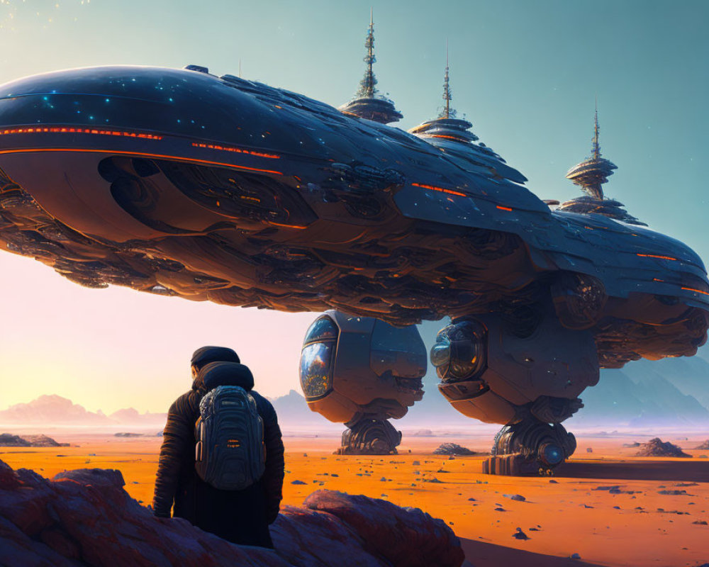 Person with backpack gazes at futuristic spaceship in desert dusk.