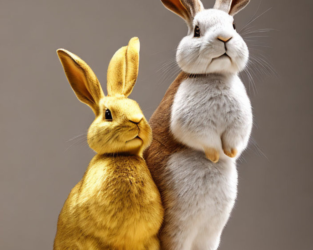 Digitally created gold and grey rabbits on beige background.