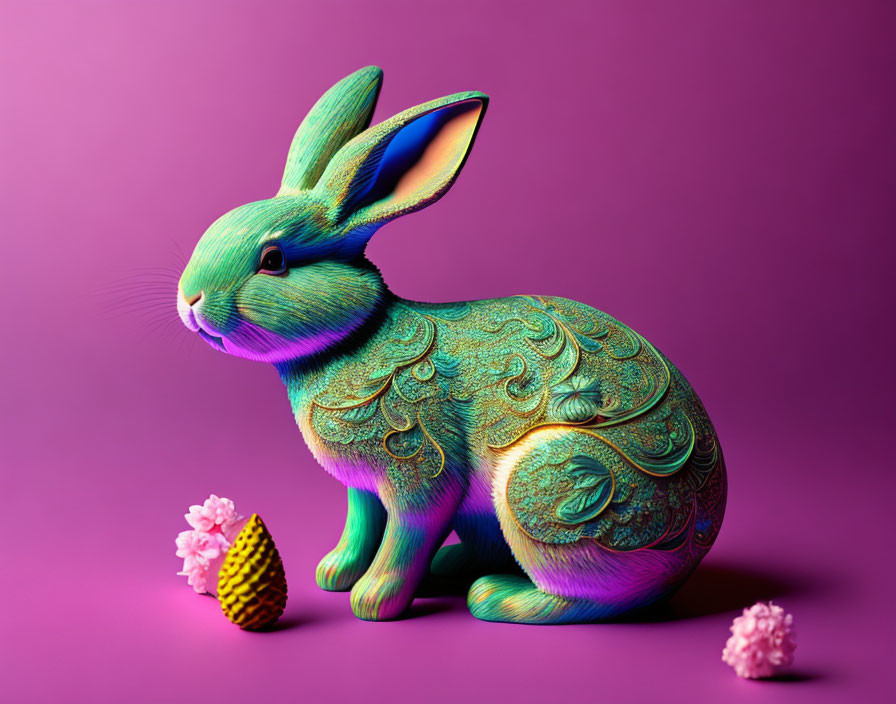 Teal-Patterned Ceramic Rabbit on Purple Background with Flowers and Egg