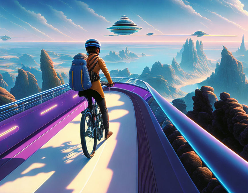Person on Bicycle Pausing on Futuristic Purple Bridge Amidst Rock Formations and Flying Saucers