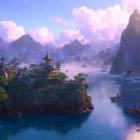 Traditional-style buildings in mystical mountain landscape at sunrise