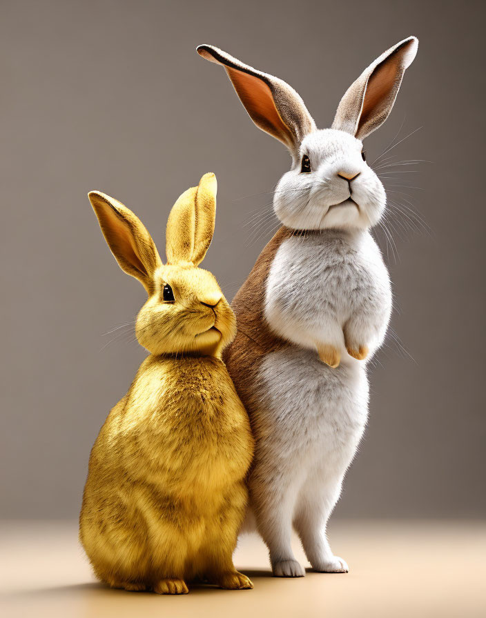 Digitally created gold and grey rabbits on beige background.