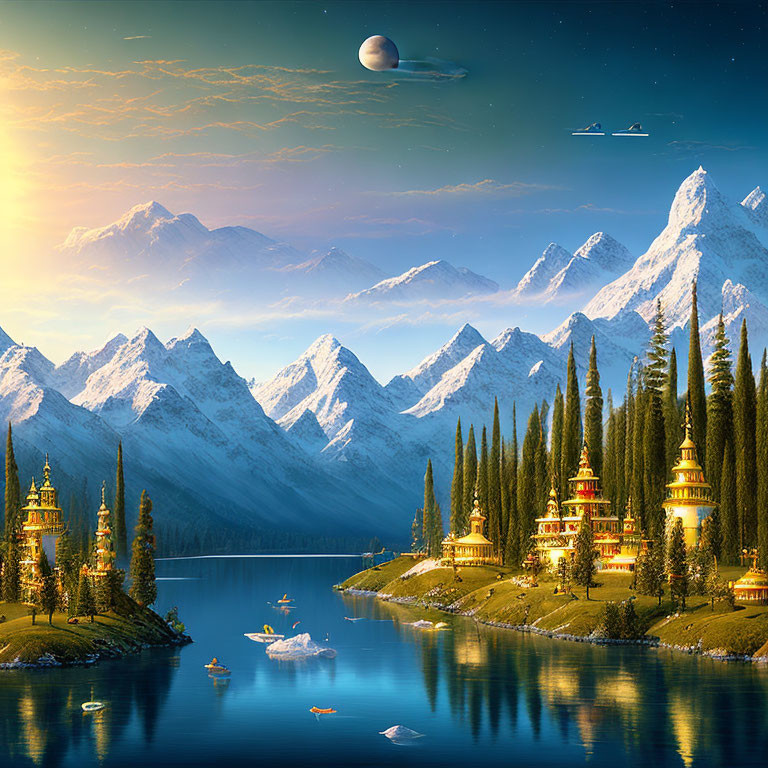 Tranquil lake, golden temples, mountains under starry sky