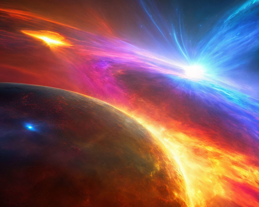 Colorful cosmic scene with star, nebulae, and fiery planet in space