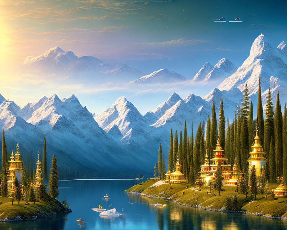 Tranquil lake, golden temples, mountains under starry sky