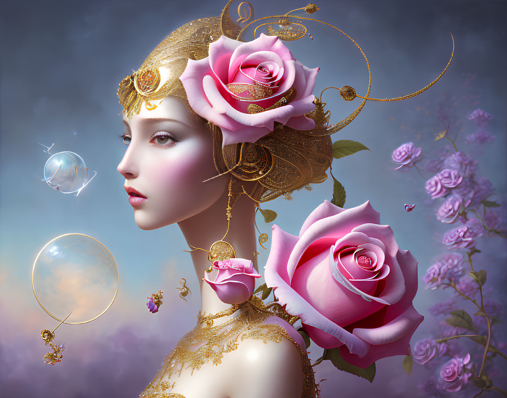 Surreal portrait of woman with gold and rose motifs, bubbles, and floating roses