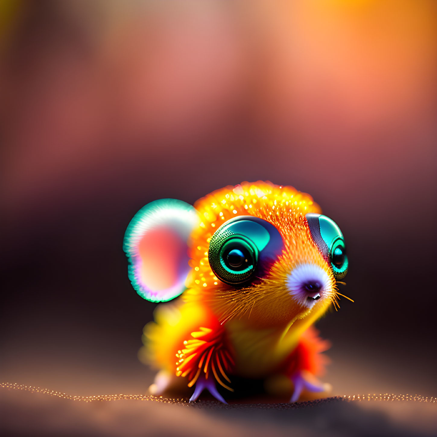 Colorful Small Creature with Glossy Eyes and Multicolored Fur