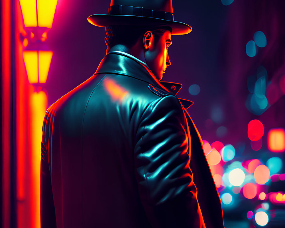 Man in hat and coat on neon-lit street at night exudes mysterious noir vibe