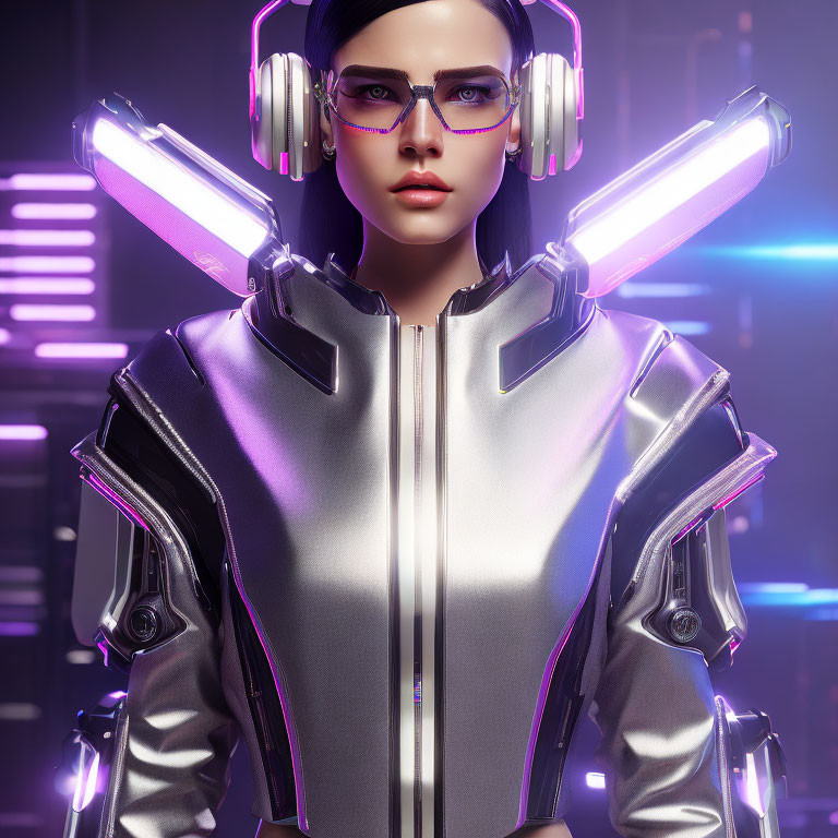 Futuristic female character with glowing headphones and sleek armor in neon-lit setting
