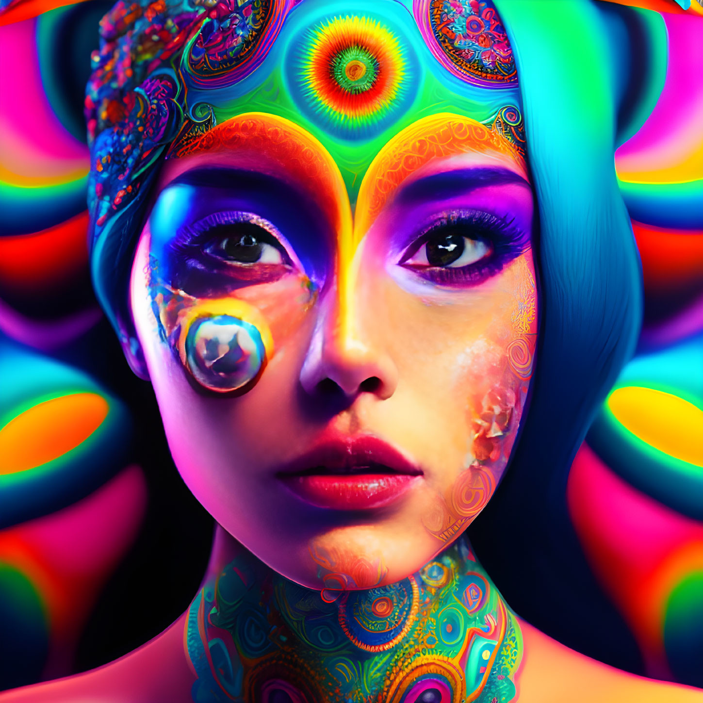 Colorful digital portrait of a woman with psychedelic skin patterns.