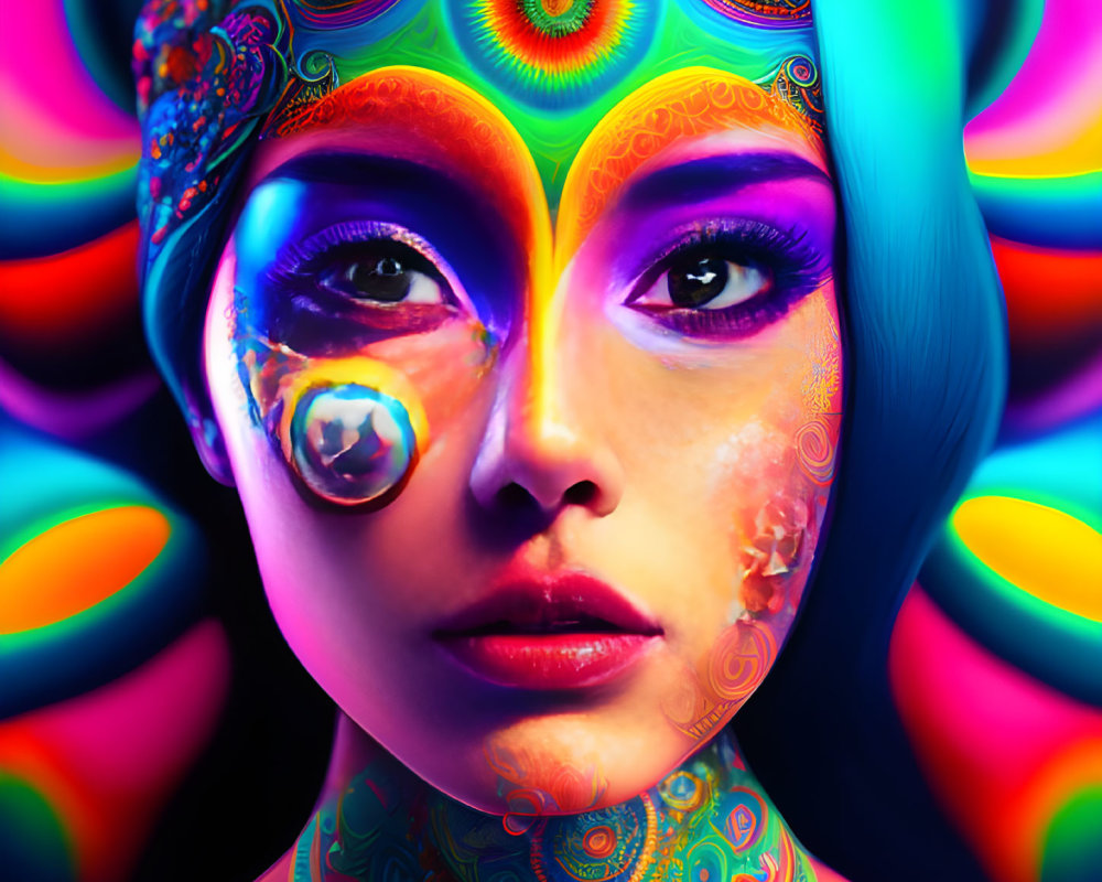 Colorful digital portrait of a woman with psychedelic skin patterns.