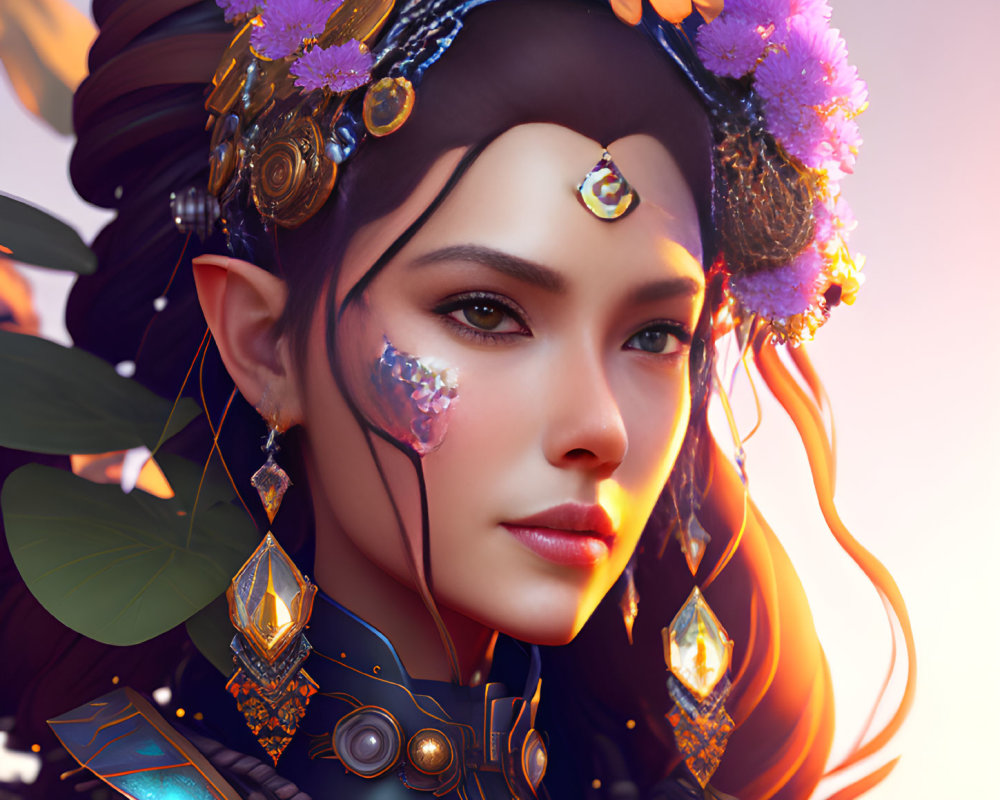 Intricate golden headgear and floral tattoo on woman in digital art
