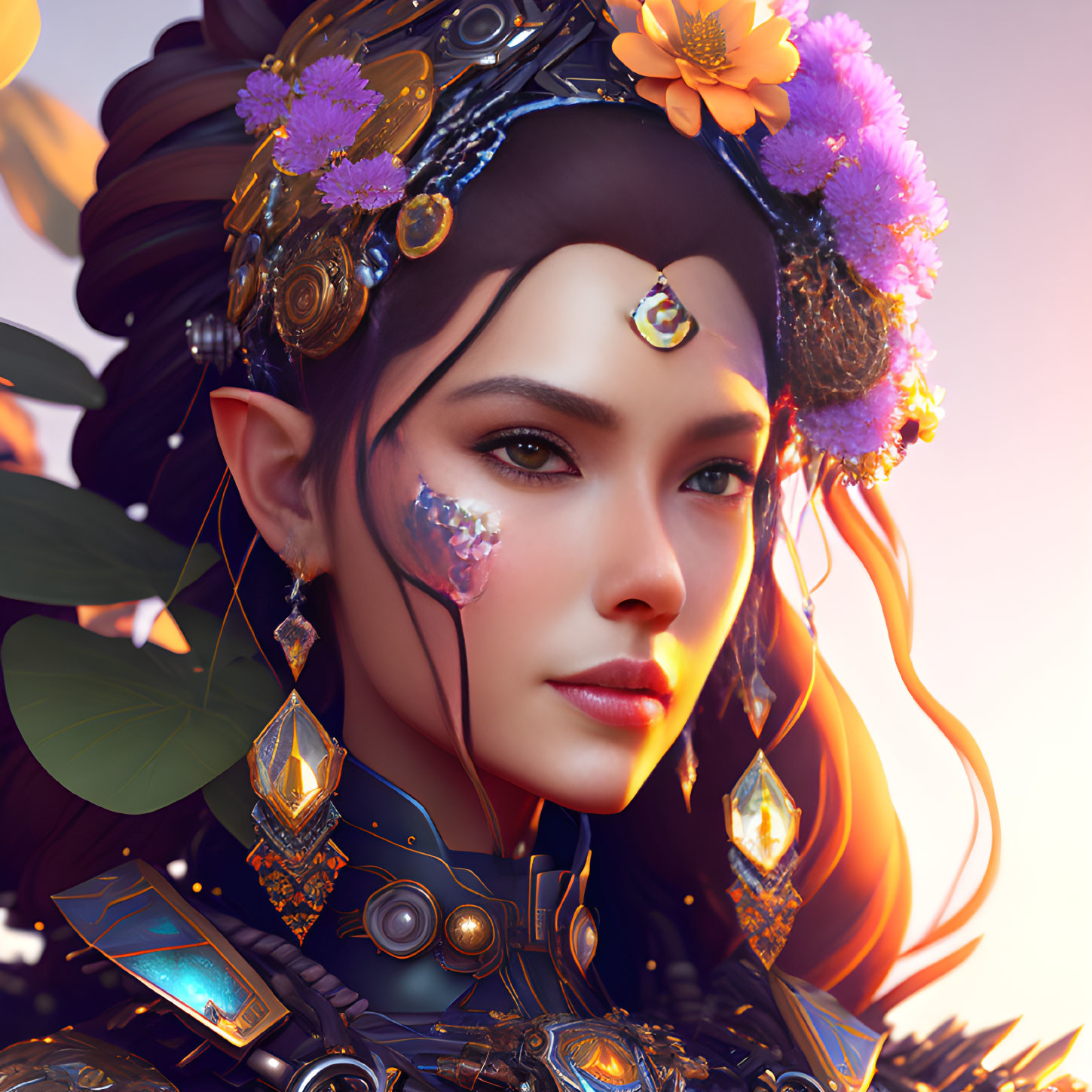 Intricate golden headgear and floral tattoo on woman in digital art