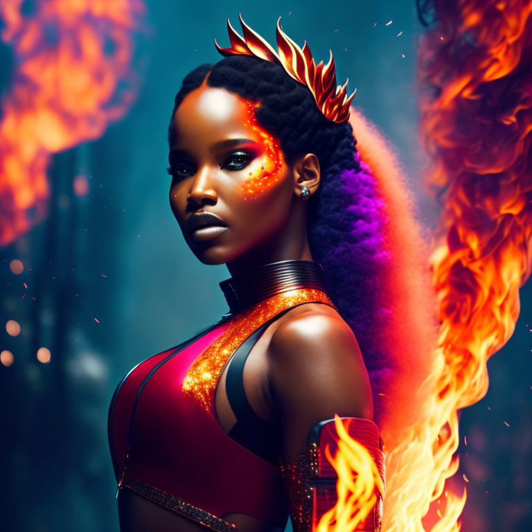 Fiery Makeup Woman Surrounded by Flames