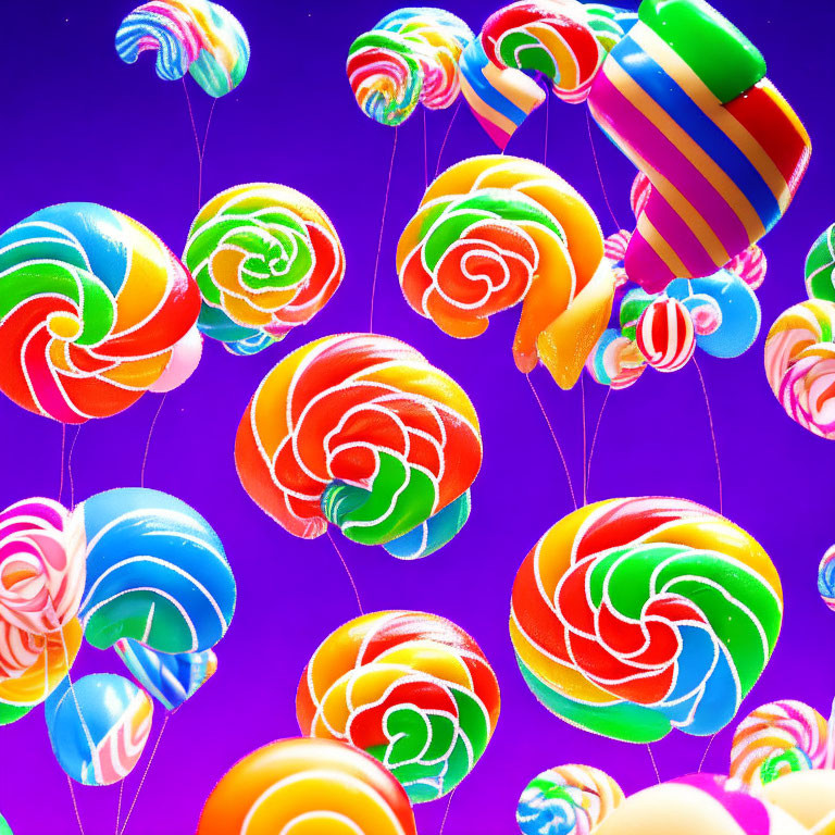 Vibrant spiral lollipops on purple background with string balloons