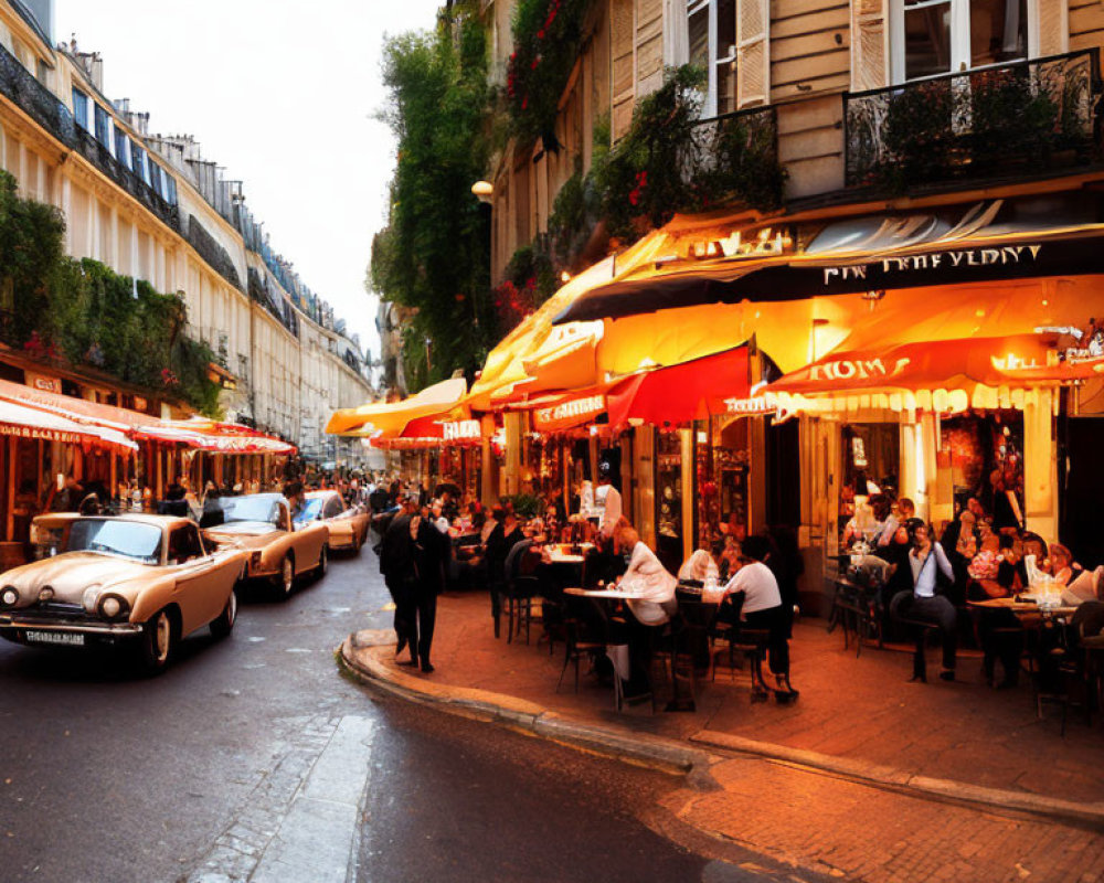 Street scene with café outdoor seating, diners, vintage car, and plant-adorned balconies