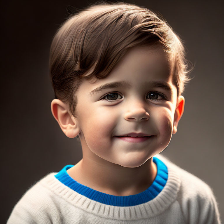 Young boy with neat brown hair in white sweater with blue trim on dark background