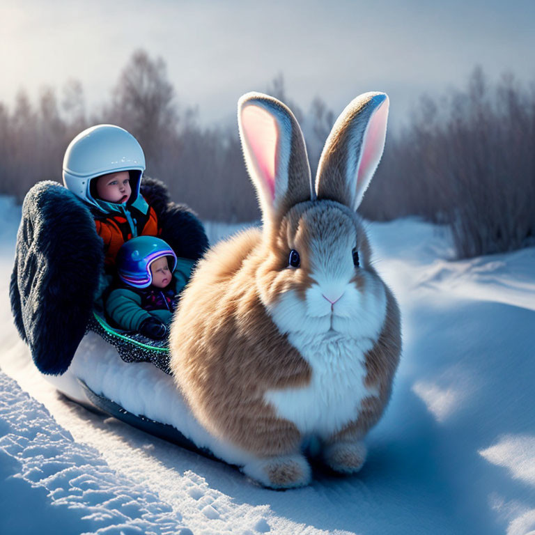 Giant Rabbit with Wings Carrying Children in Snowy Landscape