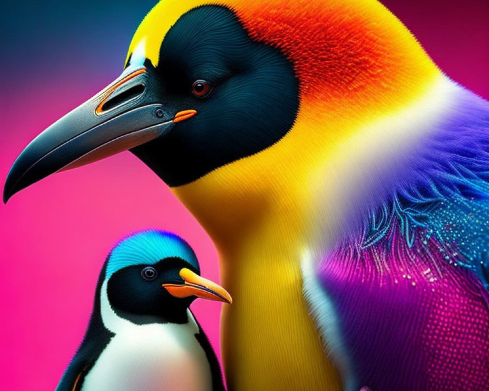 Colorful Toucan and Penguin Close-Up on Pink Background
