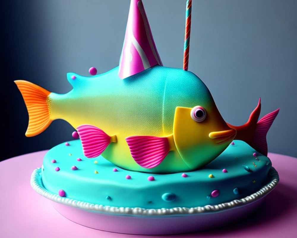 Colorful Fish-Shaped Birthday Cake with Party Hat and Candle on Blue Base