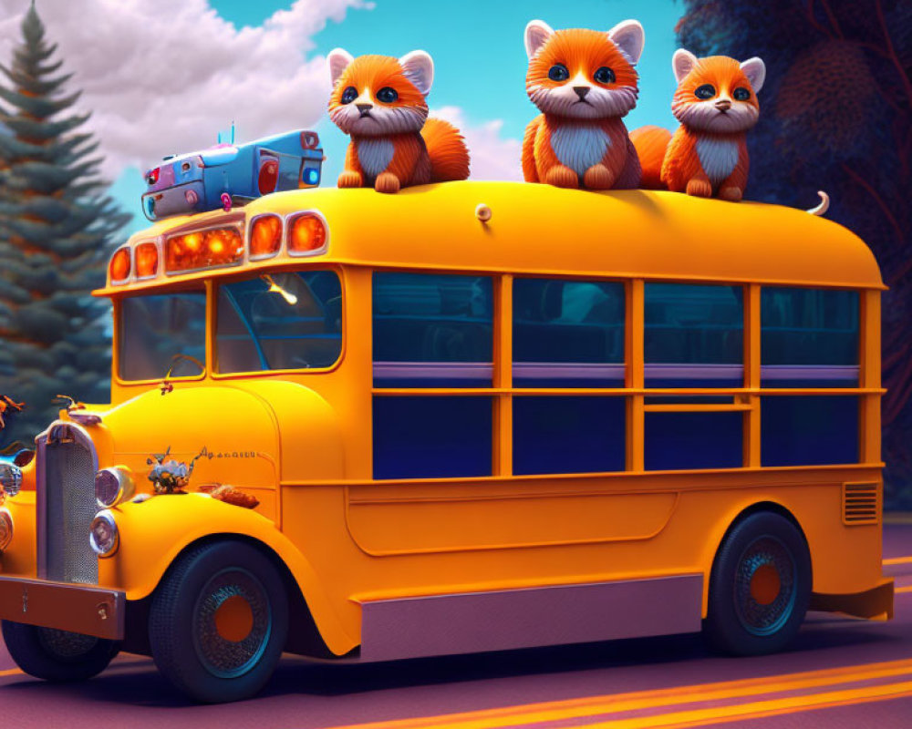 Three cartoon foxes on vintage school bus in colorful scene