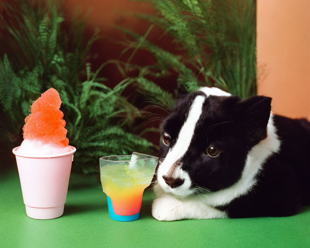 Black and white dog with colorful slush drink and frozen treat on green surface