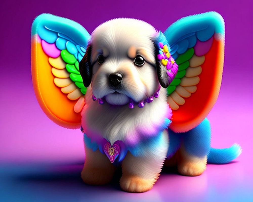 Colorful Illustration: Adorable Puppy with Butterfly Wings and Floral Decoration