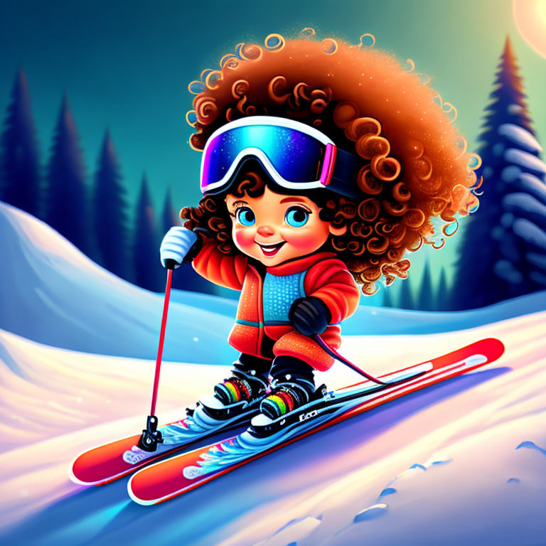 Young girl with curly hair skiing downhill in winter twilight scenery
