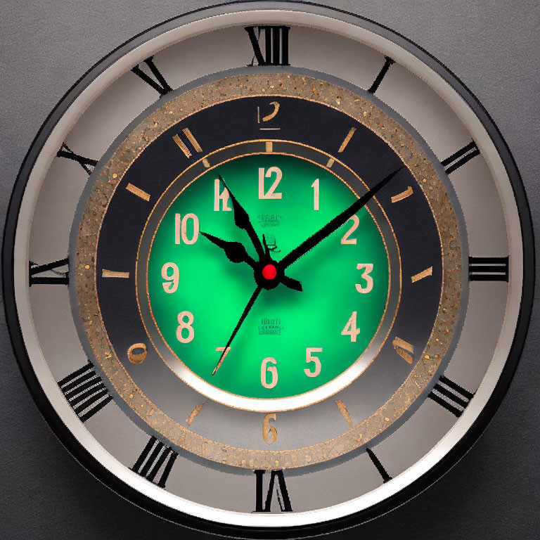 Classic Vintage Clock with Green Illuminating Face and Roman Numerals on Gray Background