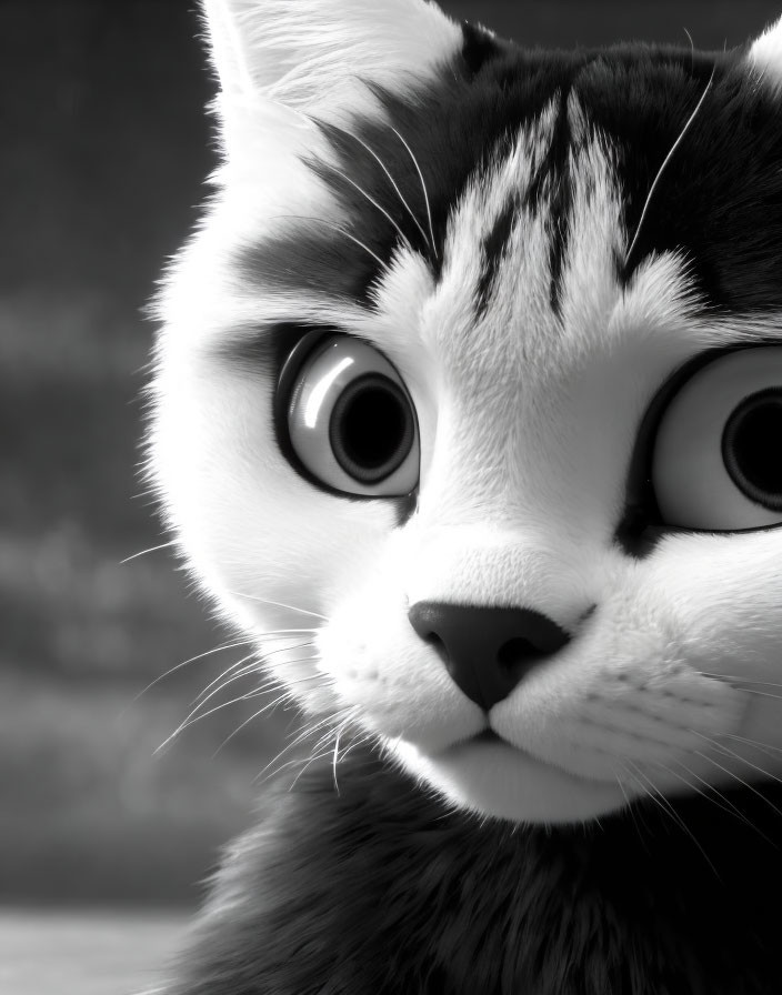 Monochrome animated cat with expressive eyes and facial markings