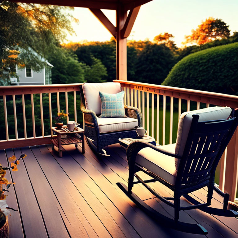 Cozy porch with wicker chair, footrest, and coffee cup, surrounded by trees at sunset
