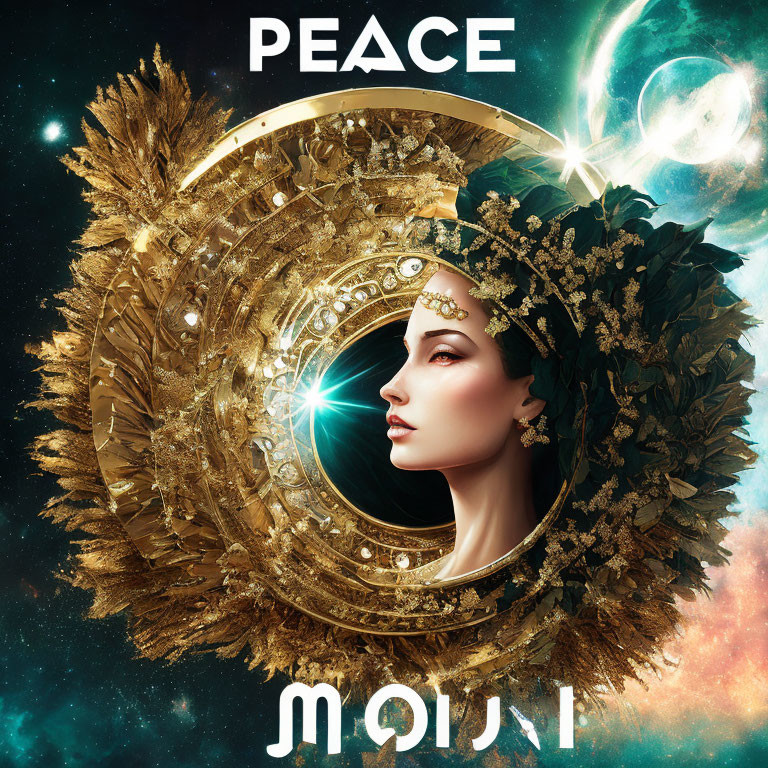 Woman's profile with golden headdress on cosmic backdrop with inverted "PEACE" word