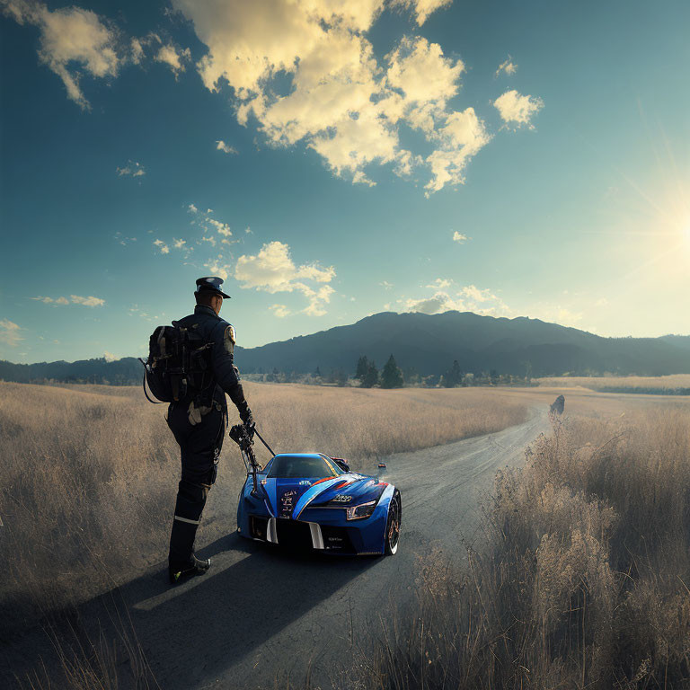 Person in tactical gear next to race car on rural road with mountains