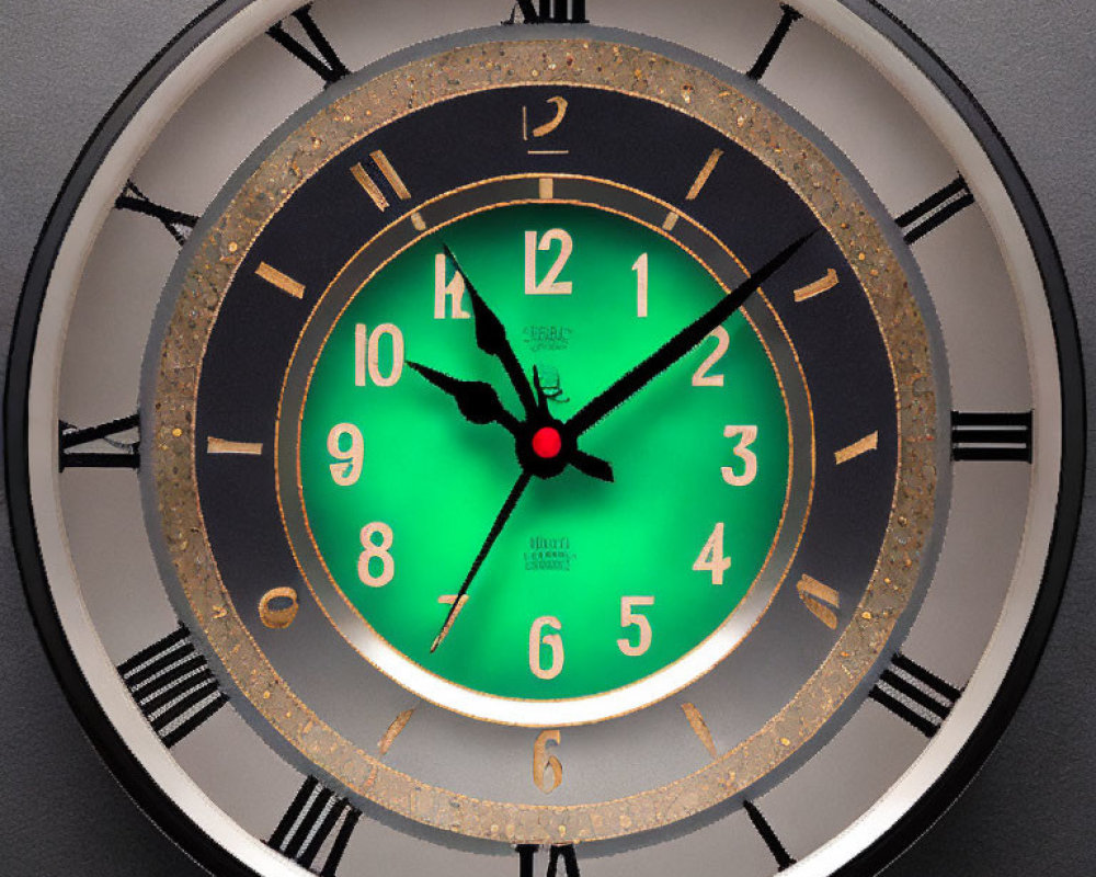 Classic Vintage Clock with Green Illuminating Face and Roman Numerals on Gray Background