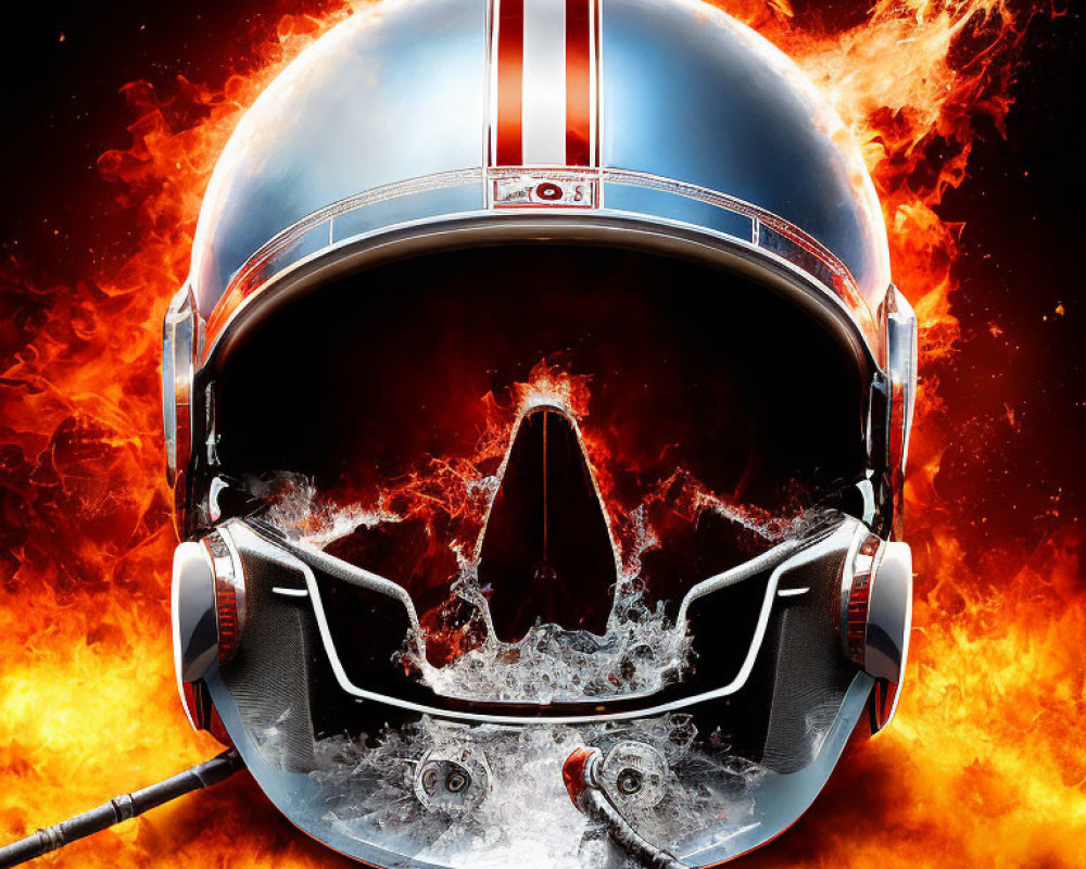 Stylized astronaut helmet shattering against fiery cosmic backdrop