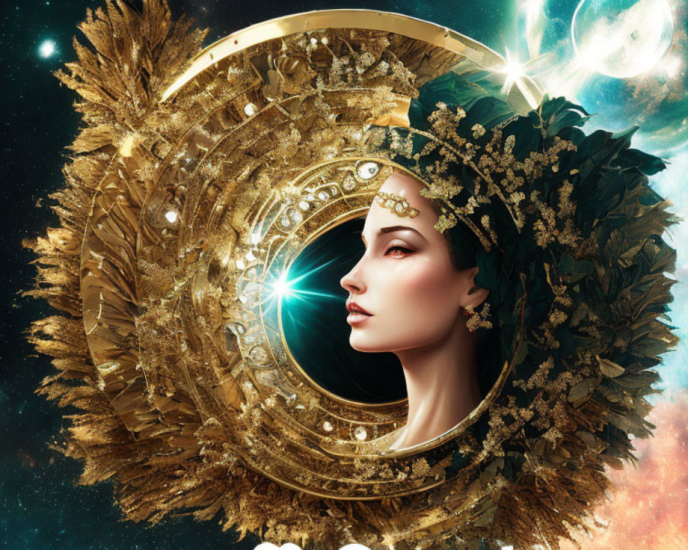 Woman's profile with golden headdress on cosmic backdrop with inverted "PEACE" word
