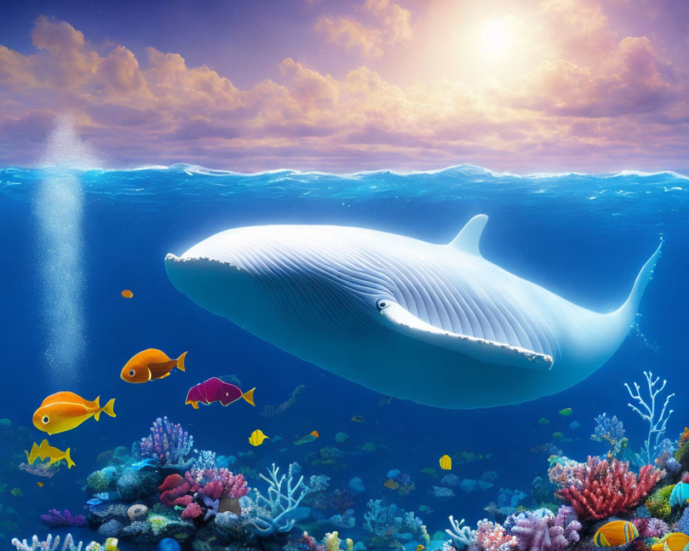 Colorful underwater scene with blue whale, fish, and coral reefs